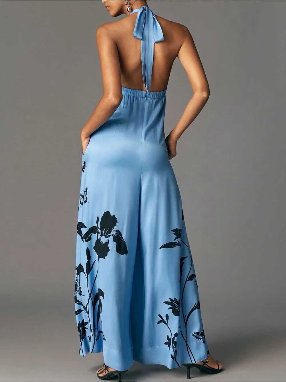 Anthropologie Sky Blue Halter Wide-Leg Jumpsuit with Black Floral Motif